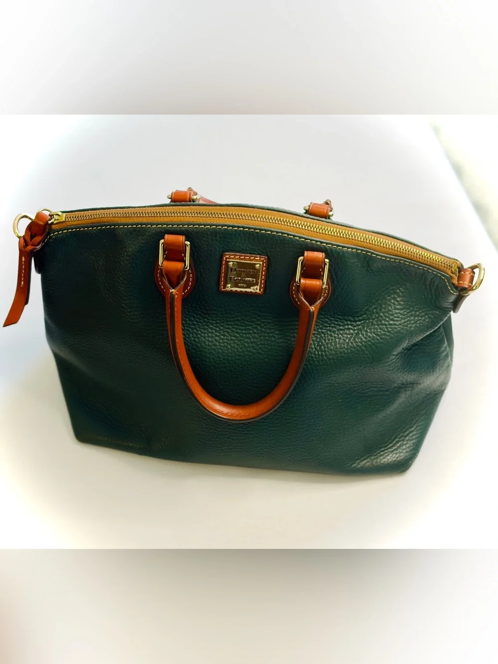 Dooney & Bourke Dillen Green Pebbled Leather Satchel with Brown Trim